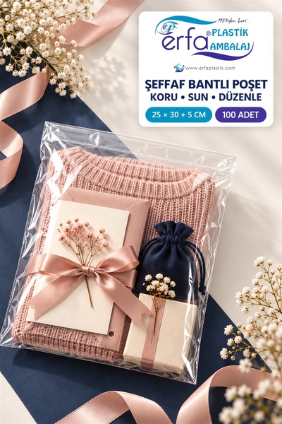 erfa plastik ambalaj 1984'den beri 25x30+5 cm Şeffaf Jelatin Bantlı Poşet 100...