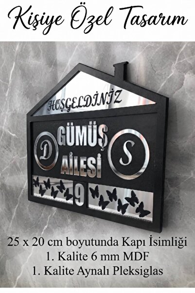 Kişiye Özel Kelebek Figürlü Kapı İsimliği 20x25 cm Siyah Mdf&Gümüş Pleksi
