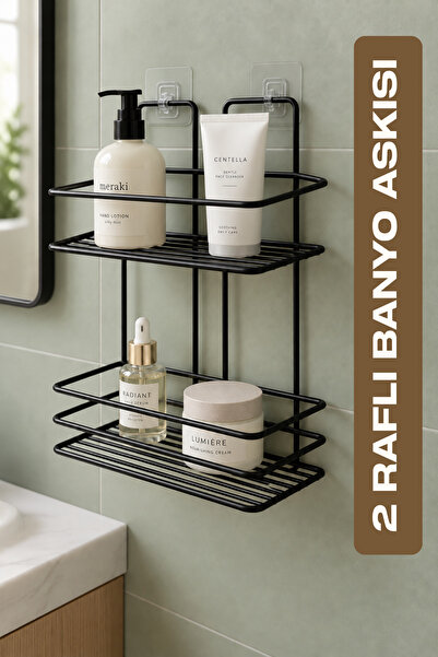 BEYZANA 2 Raflı Set Yapışkanlı Paslanmaz Banyo Rafı Mat Siyah Banyo Şampuanlı...