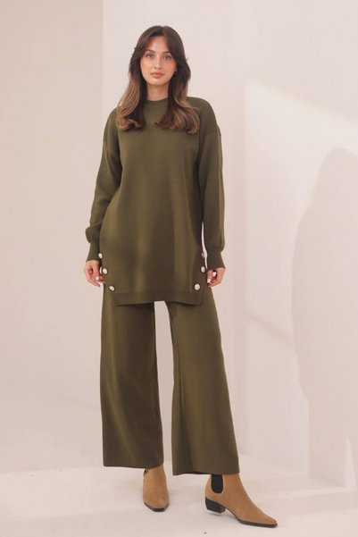 Balenbi Women's Knitwear Fabric Button Detailed 2-Piece Knitwear Set 8576 Khaki