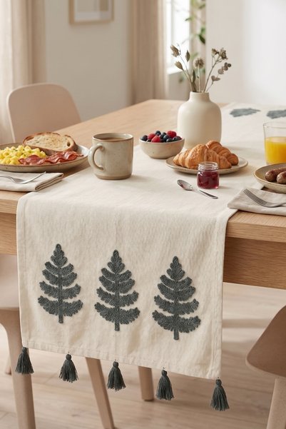Destiva Home Gray Color Tree Embroidered Tasseled Buldan Handwork Cotton Runn...