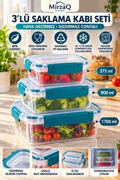 MirzaQ 3'lü Saklama kabı hava almaz sızdırmaz contalı 375ml 900ml 1700ml