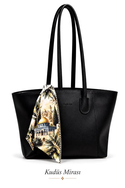 DUKRA Kudüs Mirası Fularlı Omuz Çantası Siyah Suni Deri Büyük Shopper Tote Ka...