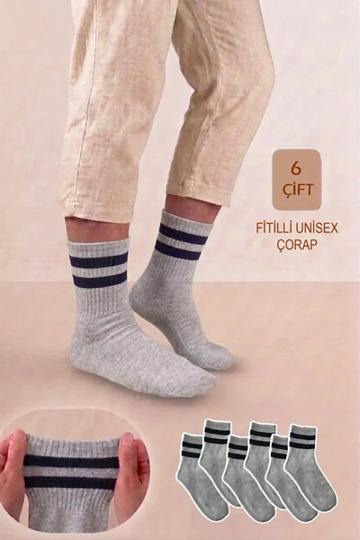 YASYAS 6 Pairs of Gray Unisex Striped Tennis College Socks