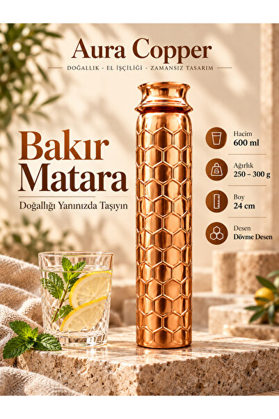 Copper Water Bottle 500–600 ml with Geometric and Forged Patterns