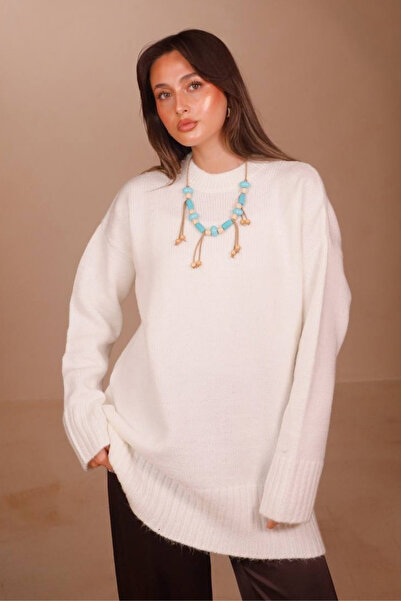 Balenbi Women's Crew Neck Loose Cut Basic Soft Knitwear Tunic 8560 White
