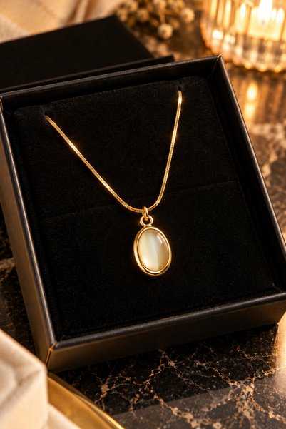 PURE BERRY OVAL KESİM TAŞLI GOLD RENK ÇELİK KOLYE