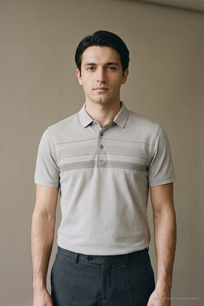 Maccali Tricou gri pentru bărbați, cu bandă la piept, tricotat, cu guler polo