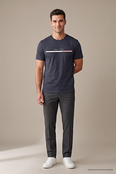 Maccali Tricou pentru bărbați, albastru marin, cu imprimeu text New York, cu ...