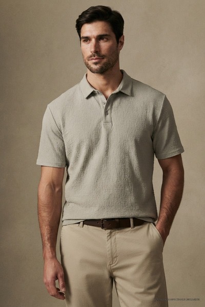 Maccali Tricou gri cu guler polo, cu mânecă scurtă, texturat, casual, pentru ...