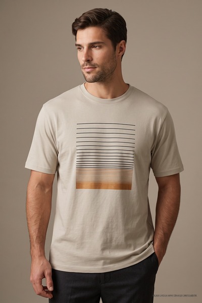 Maccali Μπεζ ανδρικό μπλουζάκι με στάμπα Gradient Tape και λαιμόκοψη ποδηλάτου