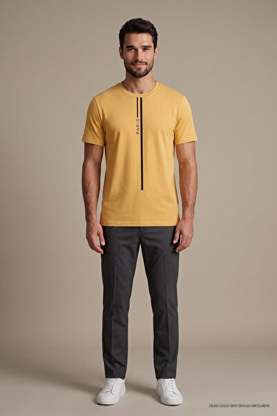 Maccali Yellow Men's Paris Printed Crew Neck Loose Fit T-Shirt