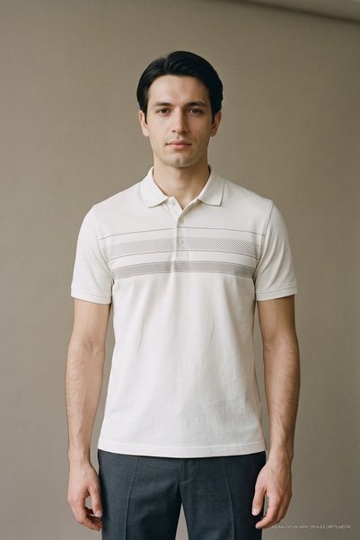 Maccali Tricou alb pentru bărbați, cu bandă la piept, tricotat, cu guler polo
