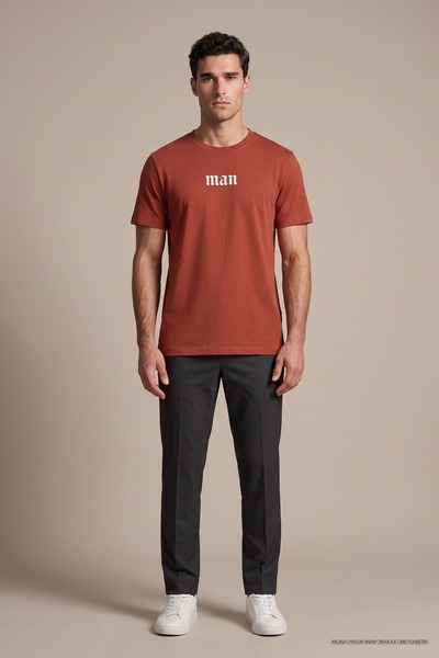 Maccali Tricou pentru bărbați Kiremit, cu imprimeu, cu gât rotund, croială le...