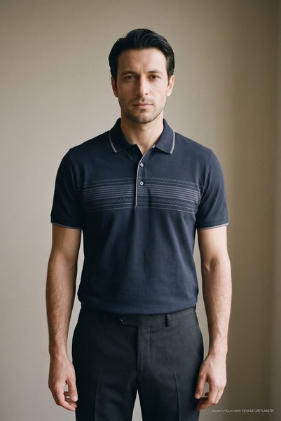 Maccali Tricou cu guler polo pentru bărbați, albastru marin, cu bandă la piept