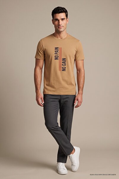 Maccali Tricou pentru bărbați Camel, cu imprimeu „No Pain No Gain”, cu gât ro...