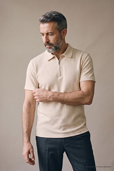 Maccali Tricou cu guler polo cu fermoar și textură Waffle pentru bărbați, bej