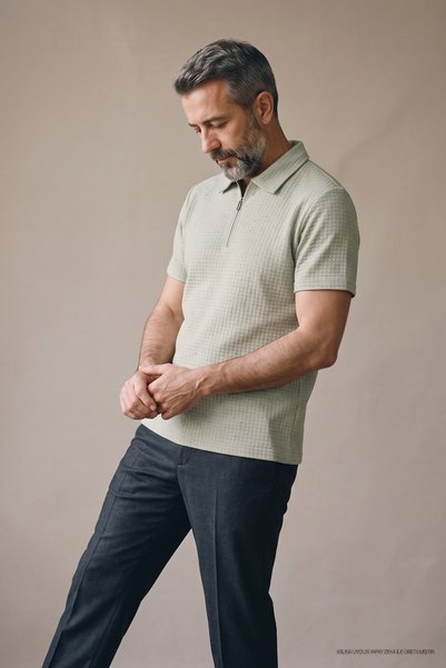 Maccali Tricou verde pentru bărbați, cu textură tip waffle, cu fermoar și gul...