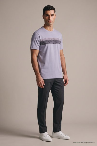 Maccali Tricou liliac pentru bărbați, cu imprimeu cu dungi orizontale, cu gât...