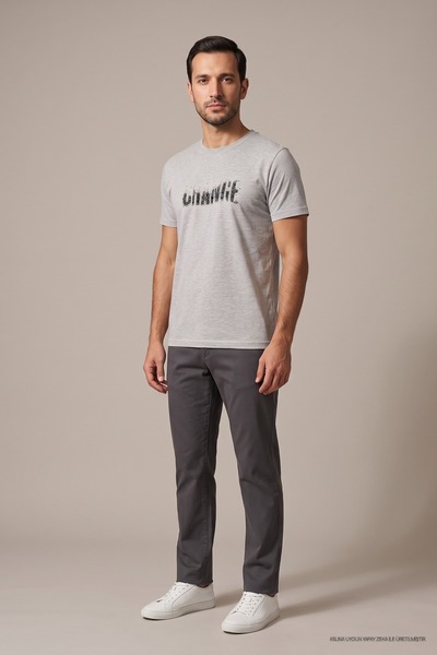 Maccali Gray Men's Change Printed Crew Neck Loose Fit T-Shirt