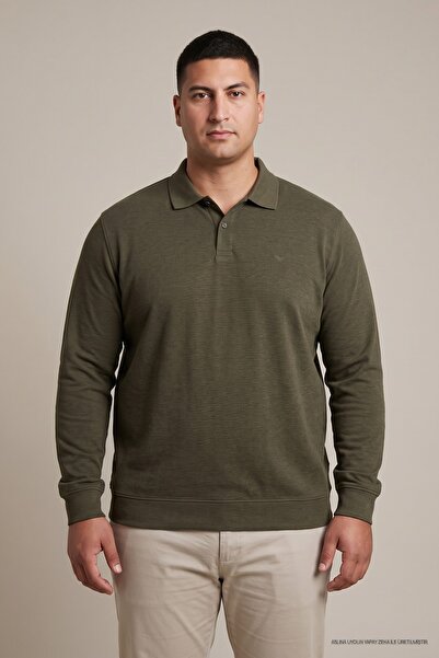 Maccali Men's Plus Size Winter Loose Khaki Polo Neck Sweater