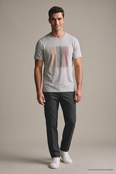 Maccali Gray Men's Line Block Printed Crew Neck Loose Fit T-Shirt