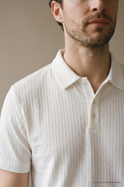 Maccali Men's Self-Striped Comfortable White Polo Collar T-Shirt