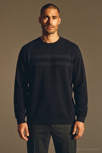 Maccali Men's Large Size Patterned Oversized Winter Navy Blue Sweatshirt