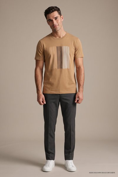 Maccali Tricou pentru bărbați Camel, cu imprimeu în dungi, cu gât rotund, cro...