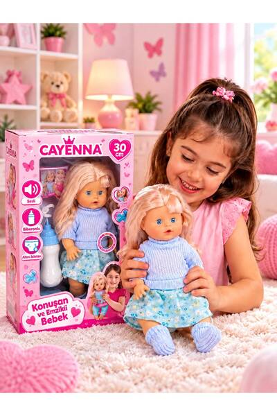 cayenna 30 cm Sesli, Emzikli ve Biberonlu Altını Islatan Gerçekçi Oyuncak Bebek