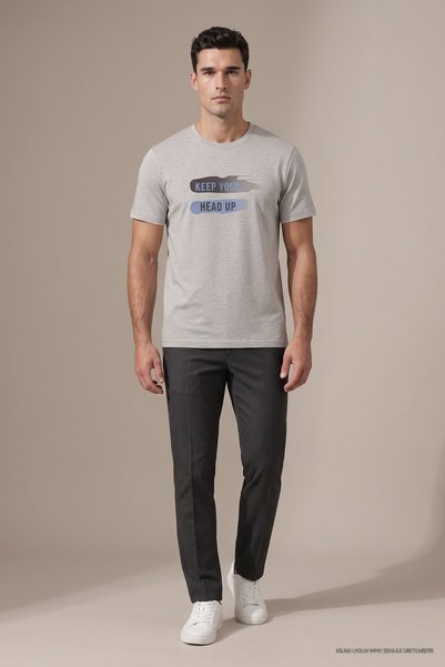 Maccali Gray Men's Keep Your Head up Printed Crew Neck Loose Fit T-Shirt