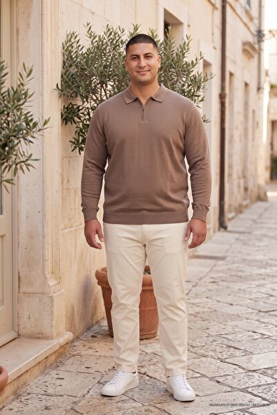 Maccali Men's Plus Size Basic Brown Zippered Sweatshirt