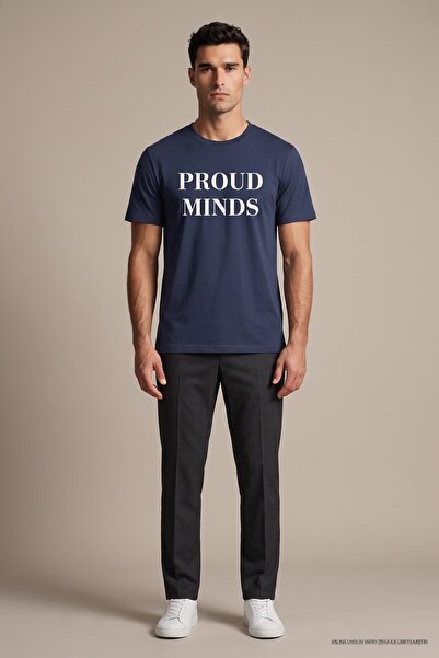 Maccali Tricou pentru bărbați, albastru marin, cu imprimeu Proud Minds, cu gâ...
