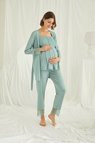 MONAMİSE 18468 Kadın Açık Yeşil Dantelli Önü Düğmeli Hamile Lohusa 3'lü Sabahlıklı Pijama Takımı