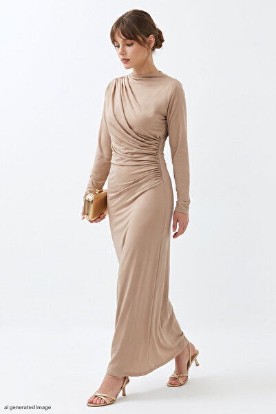 InStyle Gathered Sandy Beige Dress