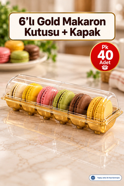 6'lı Gold Makaron Kutusu+Kapak (Pk 40 Adet)