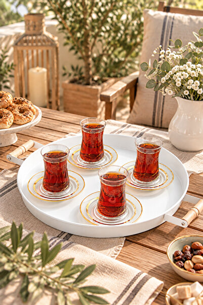 kitchen trend 3 Lü (51, 37, 30 CM) Ahşap Kulplu Metal Tepsi Çay Tepsisi Kahve Tepsisi Sunum Tepsi Seti