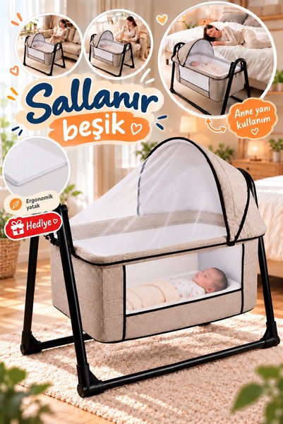 Baby Home Onest Anne Yanı Kalın Yataklı Cibinlikli Ve Tenteli, Sallanır. Port...