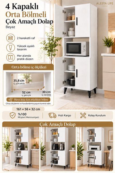 Alesta Life 4 Kapaklı Orta Mikrodalga Mini Fırın Bölmeli Mutfak Dolabı Çok Am...