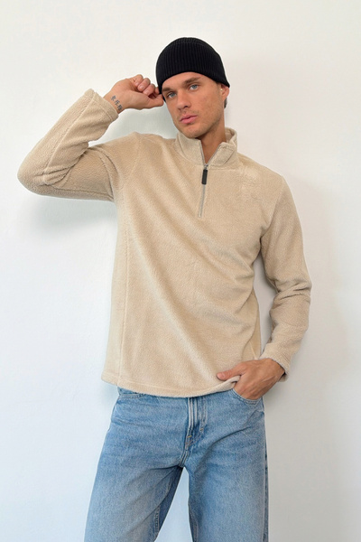 JB John Borners Men's Stand Collar Half Zipper Fleece Sweatshirt Beige - 6053