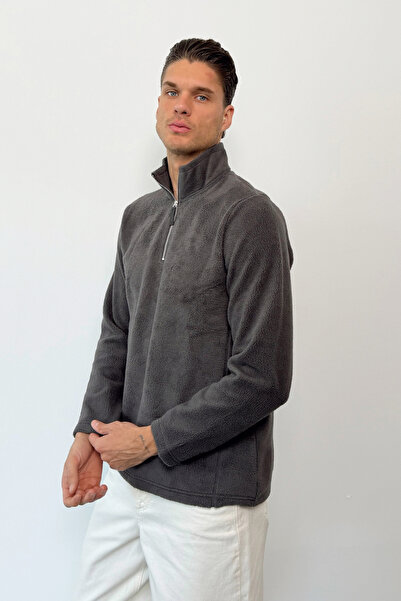 JB John Borners Men's Stand Collar Half Zipper Fleece Sweatshirt Anthracite -...