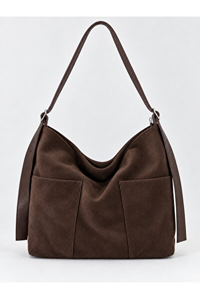Madamra Brown Suede Women's Hobo Shoulder Bag with Double Front Pockets and A...
