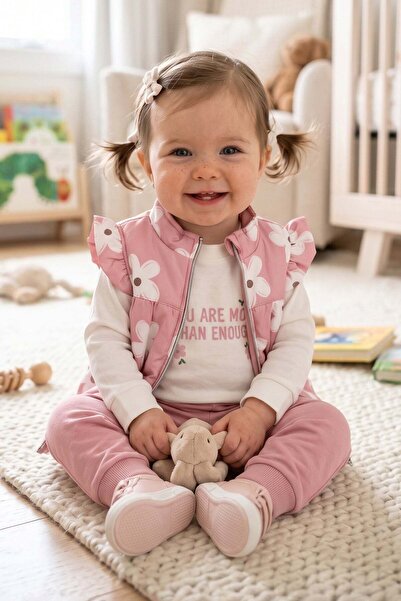 Fulla Moda Floral Patterned Zippered Vest Baby Girl 3-Piece Set