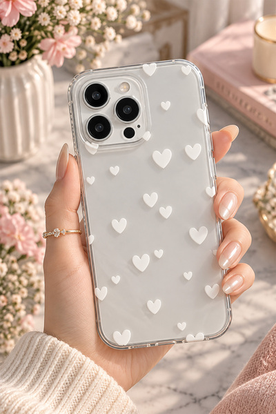 3GEN CASE iPhone 14 Pro Max Uyumlu Beyaz Kalpler Desenli Şeffaf Silikon Kılıf
