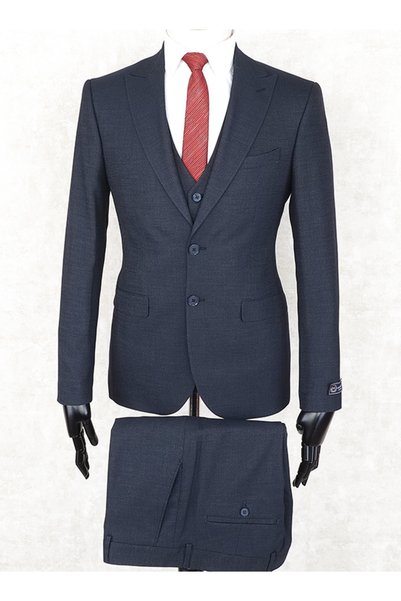 Jan Carlucci Slim Fit Sivri Yaka-Çift Yırtmaç Lacivert Drop 6 Yelekli Takım Elbise