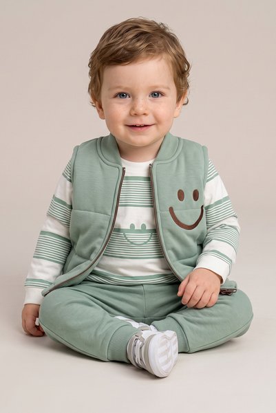 Fulla Moda Smiling Face Embroidered Striped Vest Baby Boy 3-Piece Set