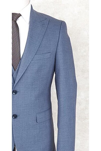 Jan Carlucci Slim Fit Sivri Yaka-Çift Yırtmaç Mavi Drop 6 Yelekli Takım Elbise