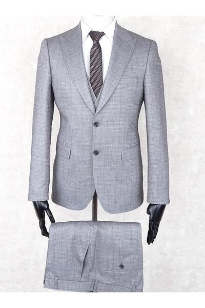 Jan Carlucci Slim Fit Sivri Yaka-Çift Yırtmaç Gri Drop 6 Yelekli Takım Elbise