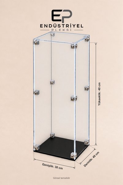 ep endustriyel pleksi 30x40x40 cm Dikdörtgen Şeffaf Pleksi Display Box Premium Ürün Sergileme Kutusu Mat Siyah Taban