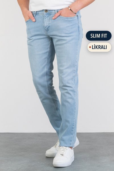 HLT JEANS Hellblaue, schmal geschnittene Lycra-Jeans für Herren mit Schleifmu...